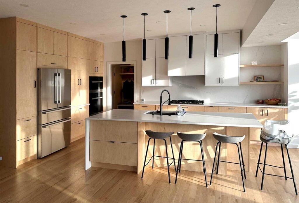 Bright, modern kitchen with wood tones.