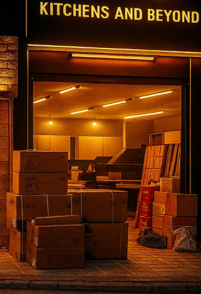 Boxes stacked outside a store entrance.