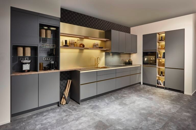 Modern gray kitchen with gold accents