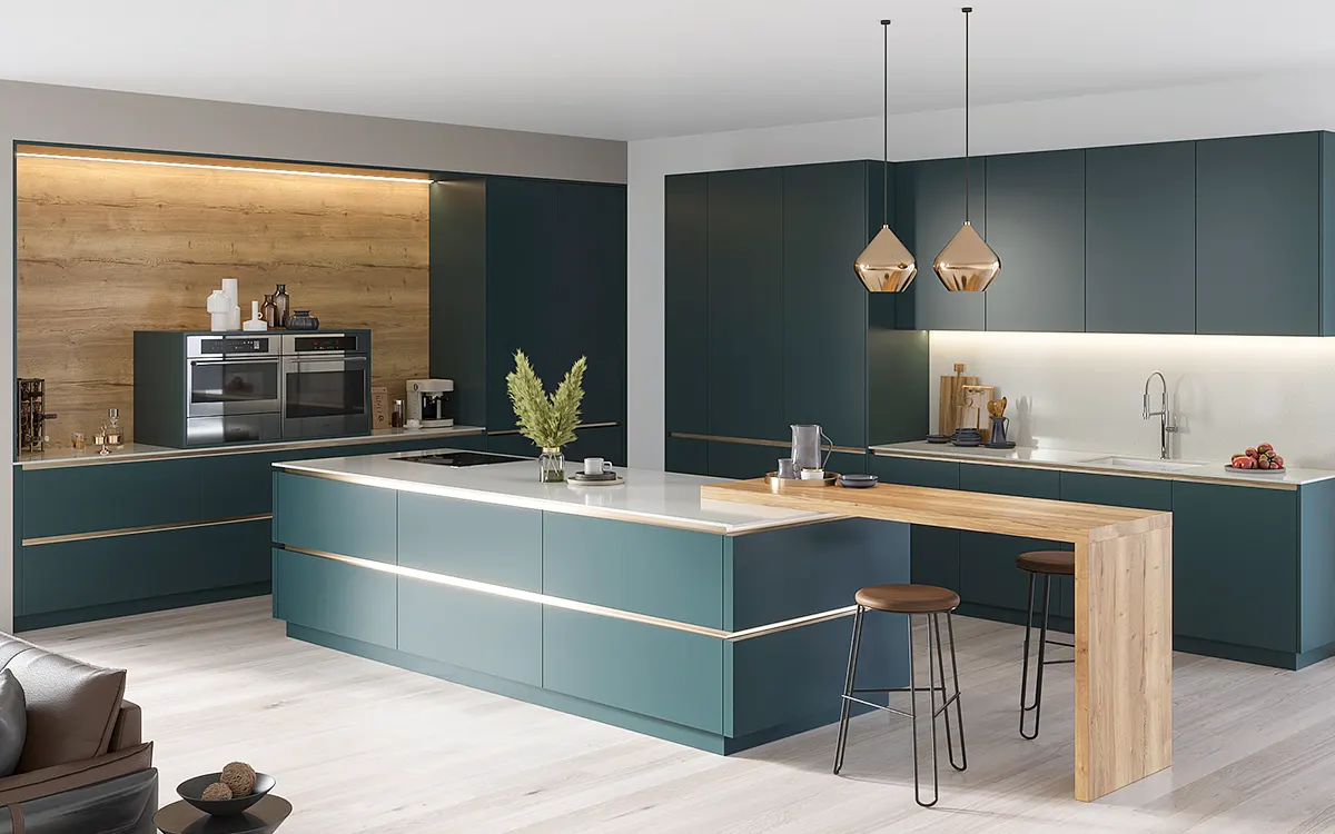 Modern kitchen with teal cabinetry.
